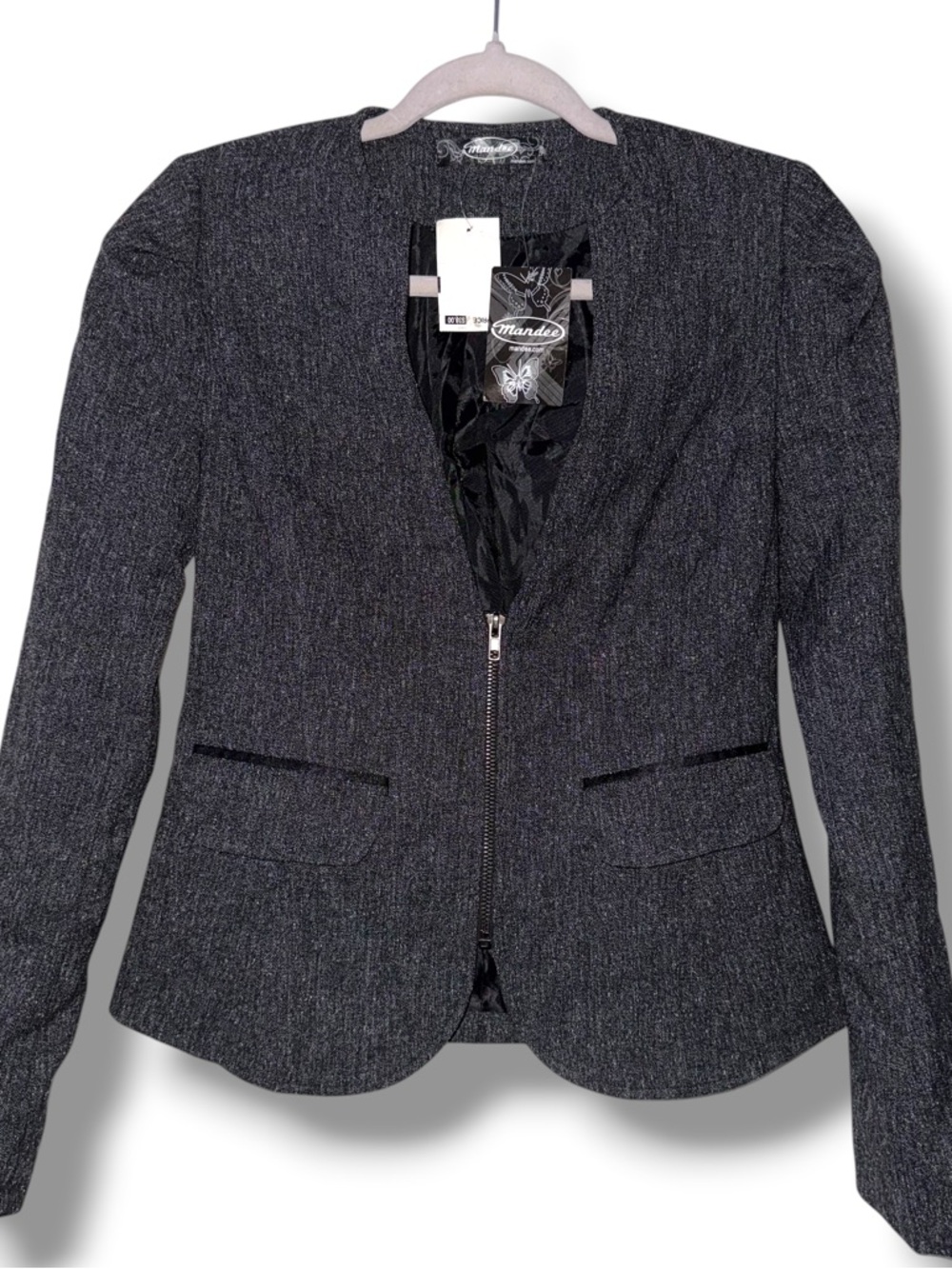 Mandee black deep V neck zippered tweed blazer